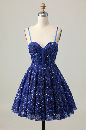 Sparkly Dark Blue A Line Corset Sequins Cocktail Dress